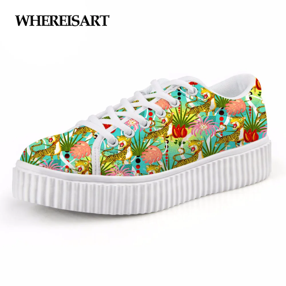 

WHEREISART Height Increasing Women Casual Flats Shoes Autumn 3D Tropical Fashion Design Women's Platform Shoes Female Creepers