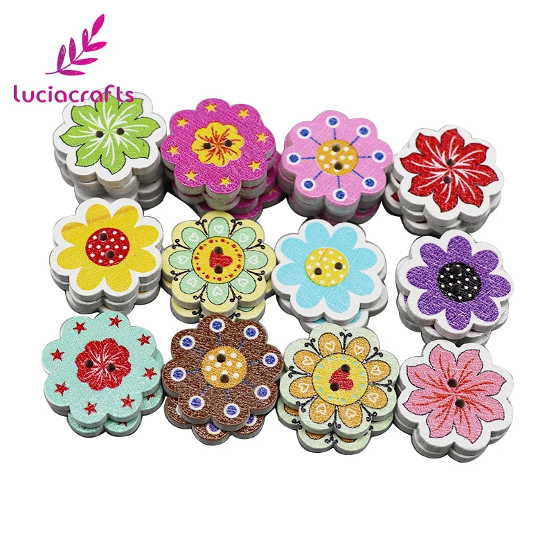 

Lucia craft 50pcs/lot 2cm Wooden Buttons Mixed Flowers DIY Natural Wood Button 2-Holes Scrapbook Sewing Accessories E0233