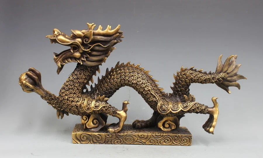 

68CM Chinese Pure Copper Carved Coin Dragon Feng shui Attract Wealth statue a5.19