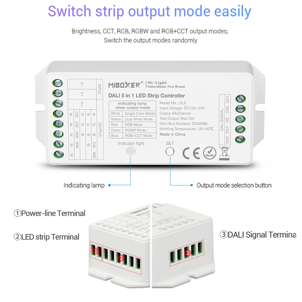 MiBOXER(milight)DL5 DALI 5 IN 1 LED Strip Controller 12~24V dimmer,Common anode Connection,Compatible with DALI Panel/DL-POW1