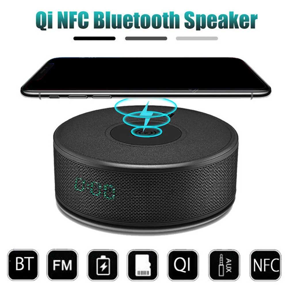 

Dual Music Player Outdoor Portable Bluetooth Speaker Alarm Clock Stereo NFC Useful Multifunction Power Bank Gift Qi Wireless