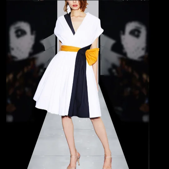 

2018 Summer New Women's Dress European Style Color Patch V Collar Sleeveless Dress Ladies Party Vestidos Midi Dresses