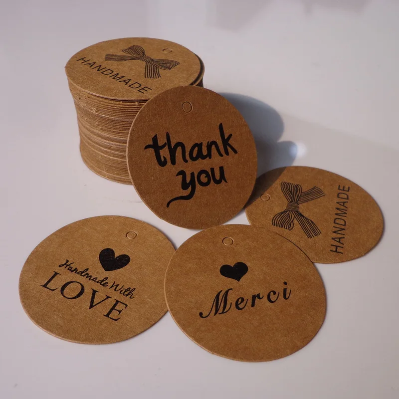 

New 500pcs/lot 4 Disign Handmade with Love Thank you Merci (String Included) Kraft Paper tag Gift tag DIY Hang Tag Dia.4cm