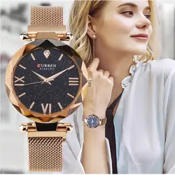 Роскошные розовое золото CURREN бренд для женщин часы минималистский звездное небо магнитной пряжкой Кварцевые часы Женские часы Relogio Feminino