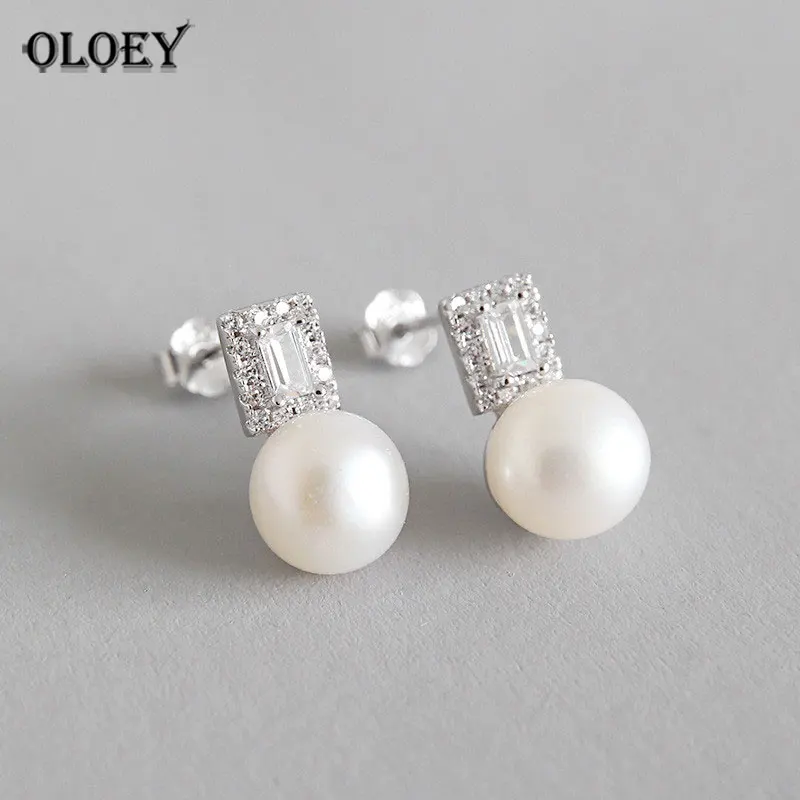 

OLOEY 100% Real 925 Sterling Silver Drop Earrings for Women Elegant Zircon Round Freshwater Pearl Earring Brinco Jewelry YME186