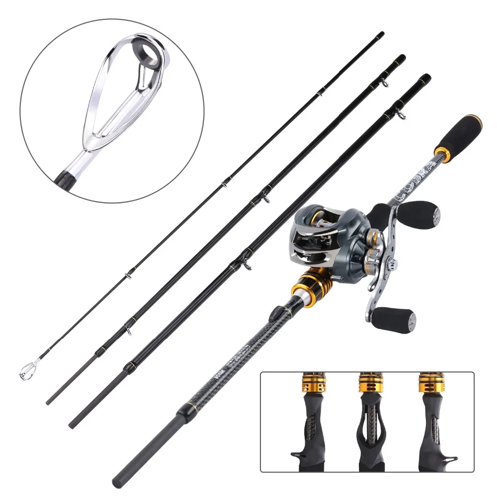 Sougayilang 4 Sections Casting Fishing Rod and 11+1BB 7.0:1 Baitcasting Fishing Reel Combo Portable Fishing Pole Reel Wheel Kit