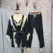 3 шт сексуальный шелковый халат наборы для женщин украшение кружевом женский халат ночная рубашка брюки атласная пижама