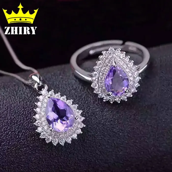 

ZHHIRY Women Natural Amethyst Jewelry Sets Genuine 925 Sterling Silver Precious Gems Stone Ring Pendant Necklaces Set