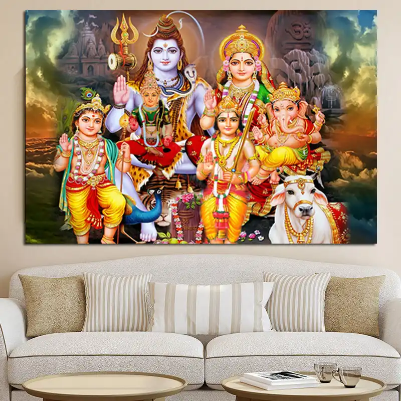 Shiva Parvati Ganesha Indian Art Hindu God Figure Canvas Painting