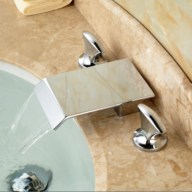 Chrome Brass Waterfall Basin Sink Faucet Dual Handles 3pcs Bathroom Bathtub Mixer Taps Deck Mount 3