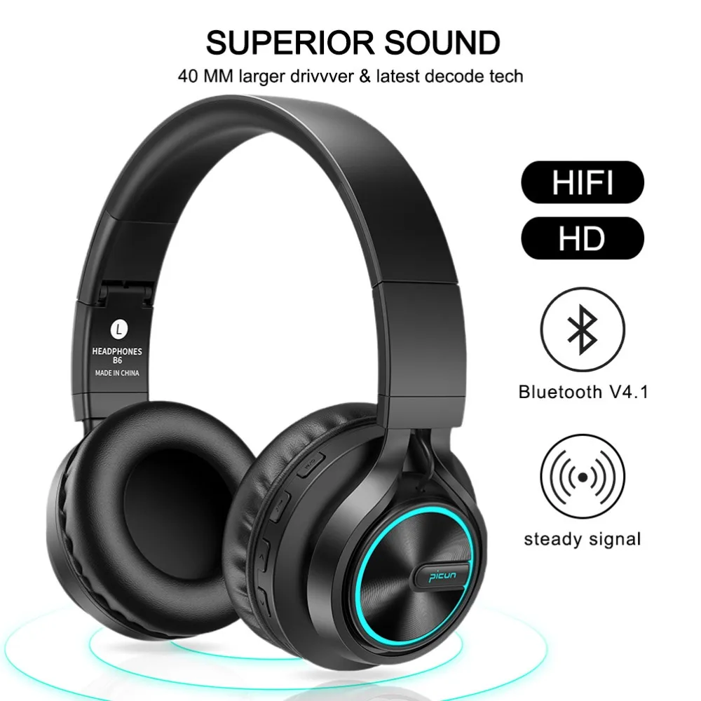 B6 Wireless Headphones Bluetooth HiFI Stereo Headphone Foldable Headset LED Light Earphones With HD Mic For Cellphone Tv tablet
