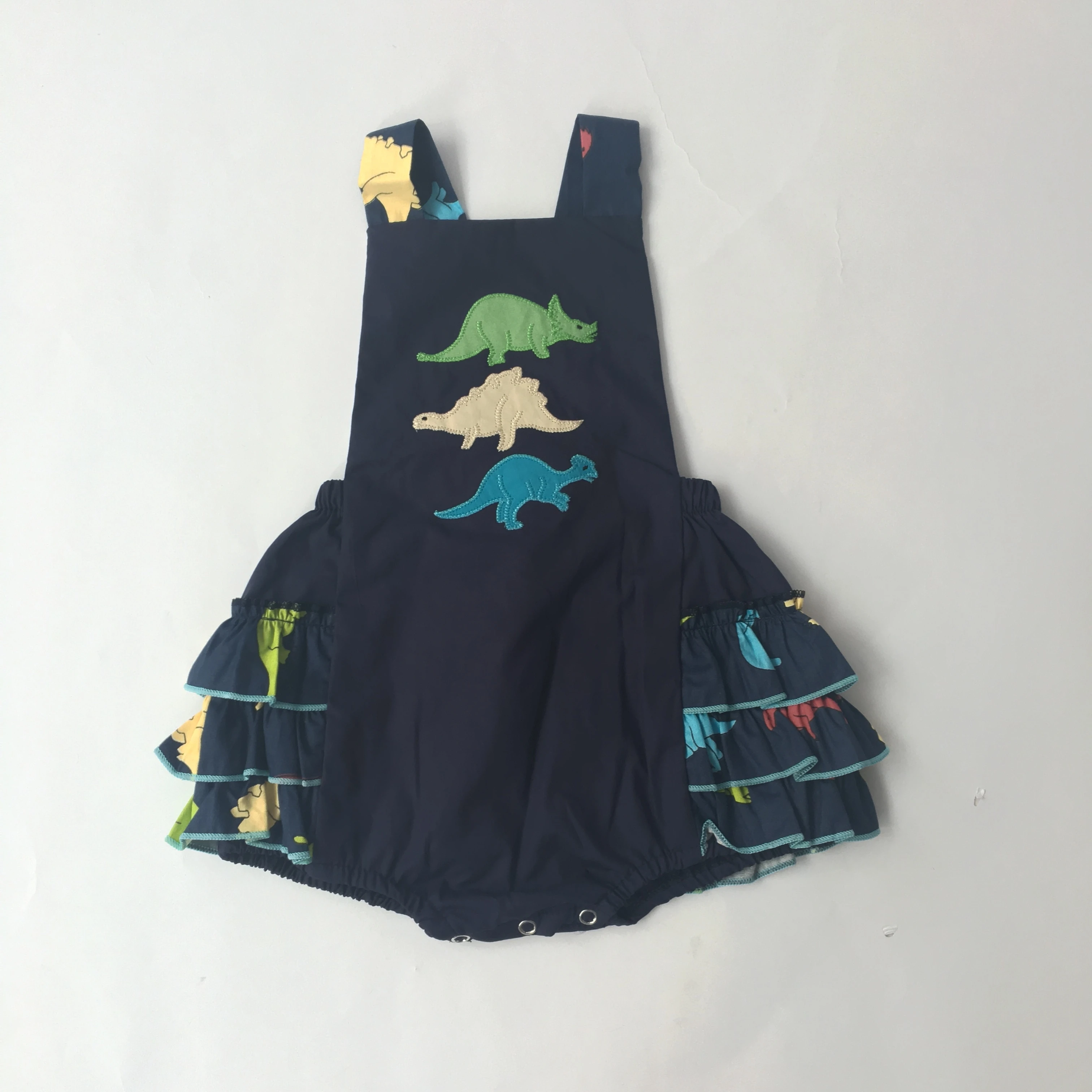 Puresun Fashion Sibling Dinosaur Design Girls Romper Cartoon Applique Bubble Girl Navy Blue Ruffle Boutique Baby Clothing