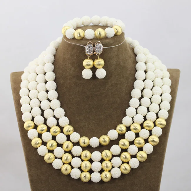 Fabulous 4 Layers White Beaded African Fashion Jewelry Sets Gold