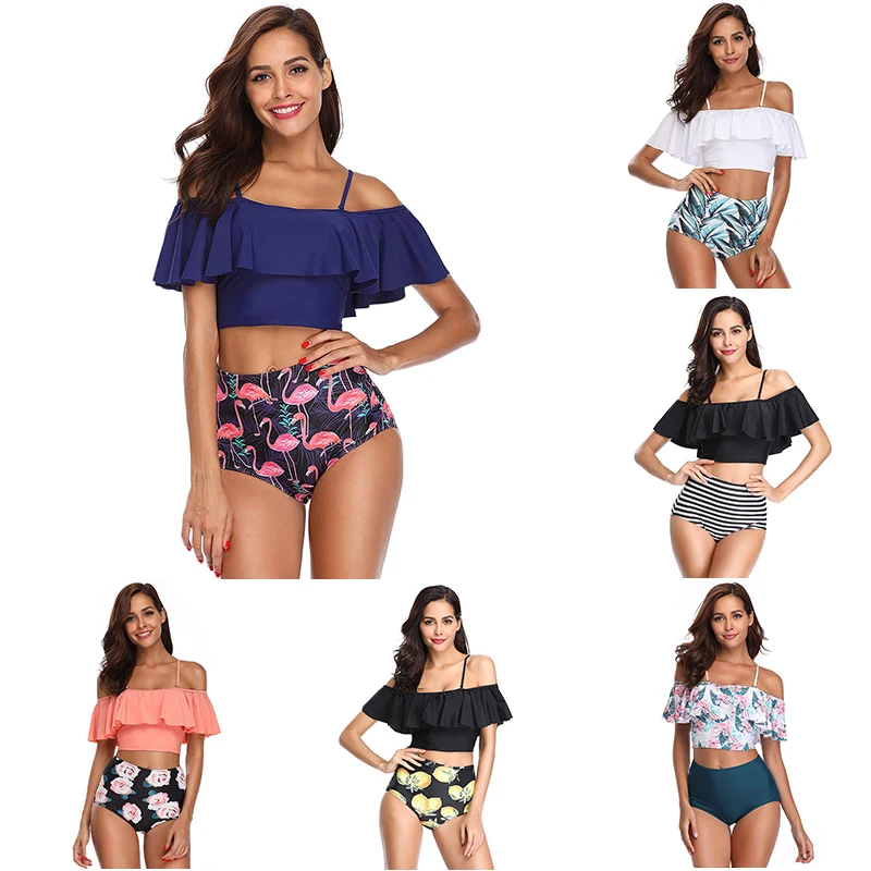 

New Sexy Flamingo Print Bikini Women Swimsuit Off Shoulder Bathing Suit S-2XL Girl Double Layers Swimwear High Waist Bikini Set