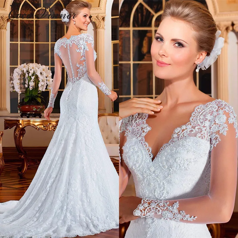

Illusion Back Pearls Beads Mermaid Wedding Dress Lace Embroidery Vintage Vestido De Noiva mariage wedding-dress W0197