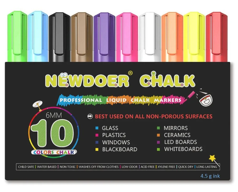Newdoer 10 цветов жидкий мел, Меловые маркеры-яркий неоновый Жидкий Мел Премиум качество художника Маркер Набор-для детей