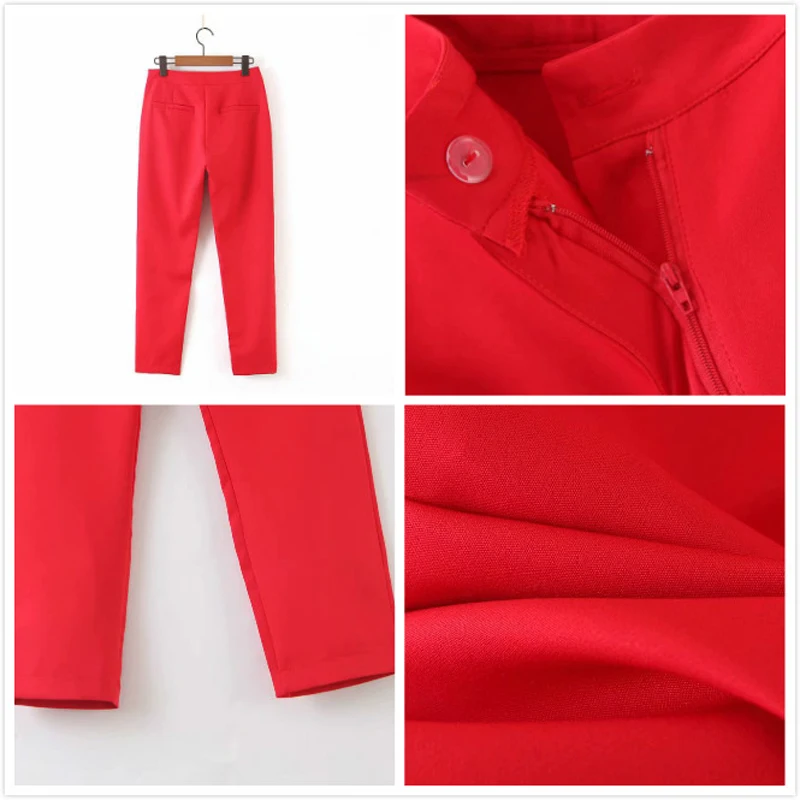 Office Lady Pants Suit Women's Single Breasted Long Sleeve Short Blazer Coat & Zipper Trousers Two Piece Set Red Costume Femme