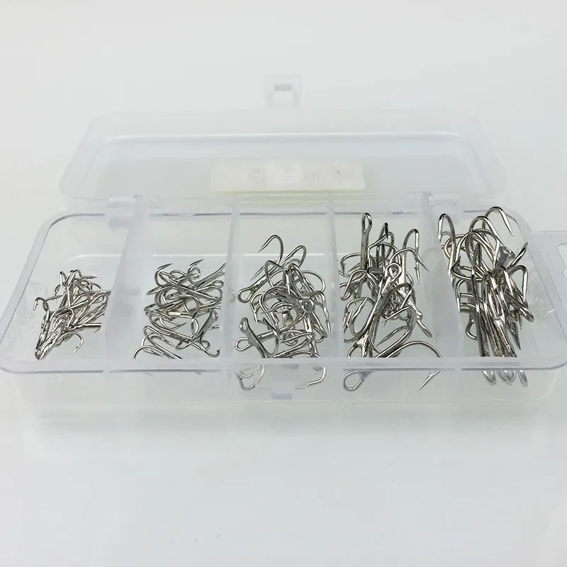 50 Pcs / Box Multiple Sizes High Carbon Steel Fishhook VMC Treble Hooks 2# 4# 6# 8#10# Sharp Barbed Stainless Fishing Hooks