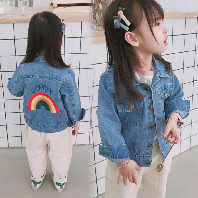 Baby Girl Denim Jacket Cartoon embroidery rainbow Fashion Outwear For Girls Jeans Jackets Children Clothes 2-7Y Girls Jeans Coat