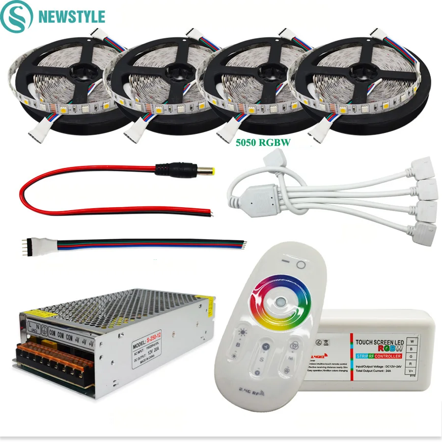 Kopen DC12V 5050 Led Strip Waterdicht Rgb Rgbw Led Licht Flexibele Tape + Touch Remote Controller + 12V Power Adapter kit 30M 20M 10M 5M