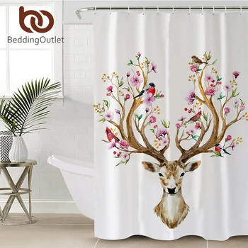 

BeddingOutlet Elk Floral Moose Shower Curtain Flowers Reindeer Deer Waterproof Curtain for Bathroom With Hooks 180x180cm