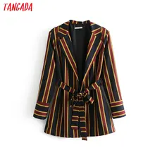 Tangada полосатый жакет удлиненный жакет пиджак с поясом приталенный пиджак черный пиджак полосатый пиджак офисный стиль элегантный жакет полосатый принт черный красный DA18