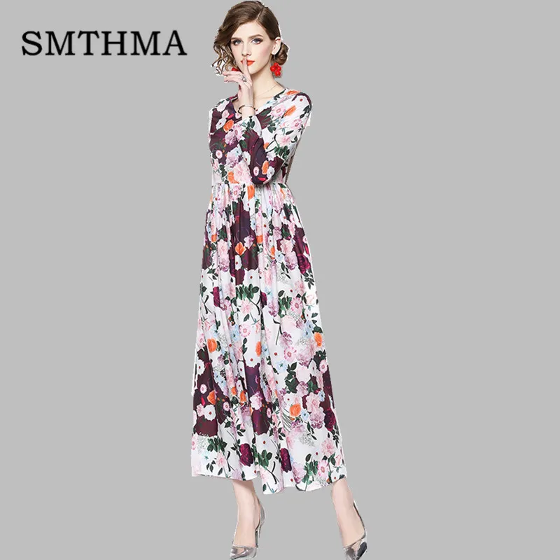 

SMTHMA 2019 New Spring Elegant Floral Print Long Dress Women High quality runway Long sleeve Dress vestidos