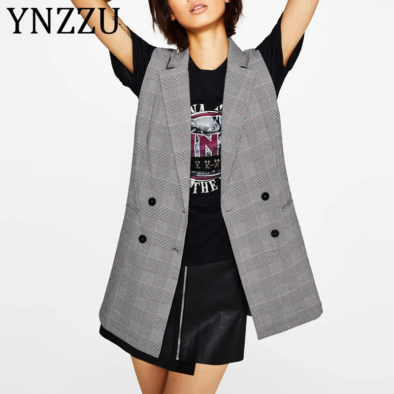 

Vintage Plaid Blazer Vest Women OL Elegant Double Breasted Sleeveless Waistcoat Mid-Long Female Work Vest Spring Suit Coat AO962