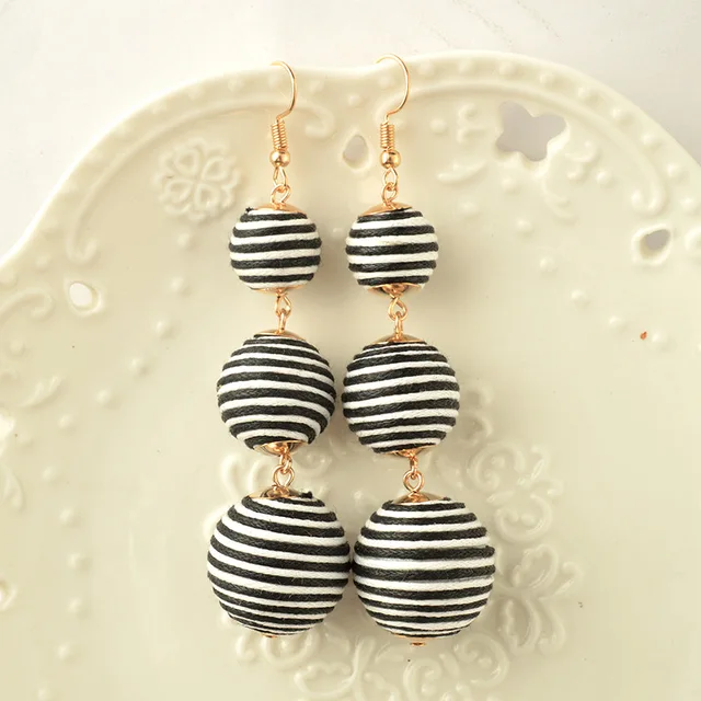Thread Ball Dangle Earrings Triple Dangle Earrings Drop Earrings Beaded