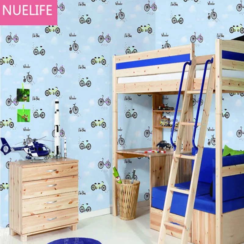 

0.53x10m Cartoon blue sky white clouds bike pattern non-woven wallpaper boy girl kids room living room bedroom wallpaper