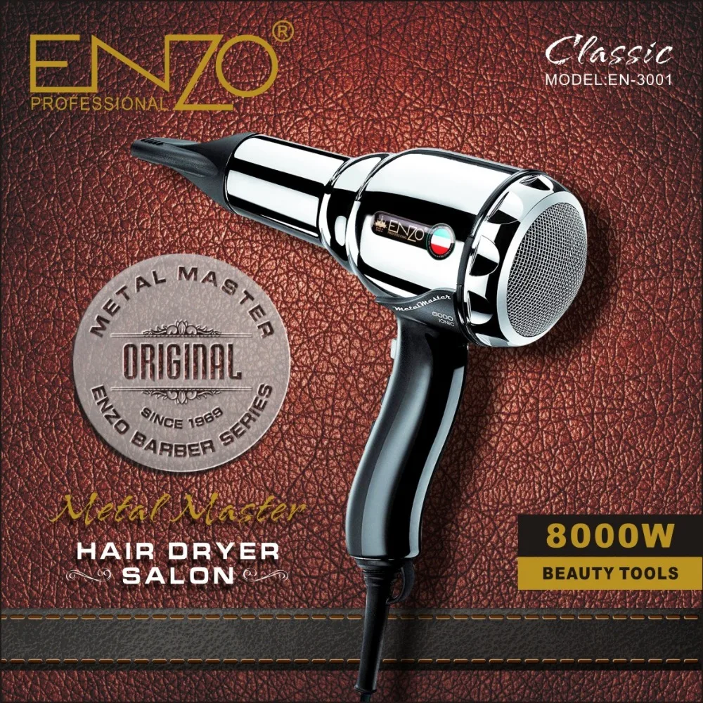 Enzo 8000w Corpo de Metal Volumizer Salon Professional Secador de Cabelo de Íons Negativos Secador de Cabelo Escova Quente/frio com ar Coleta de Bico