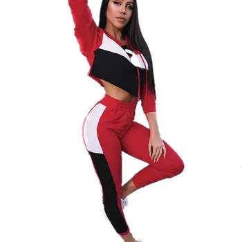 

Oufisun Patchwork Fashion Set Toevallige Lange Mouw Met Cap Crop Top Lange Broek Tweedelige Set Womens Slanke Bodycon Sportsets