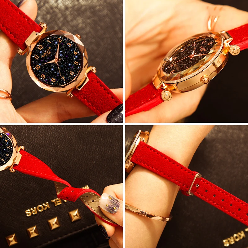 Модные женские часы, часы звездного неба, роскошные часы с красным и черным кожаным ремешком, женские наручные часы, водонепроницаемые кварцевые часы, скидка
