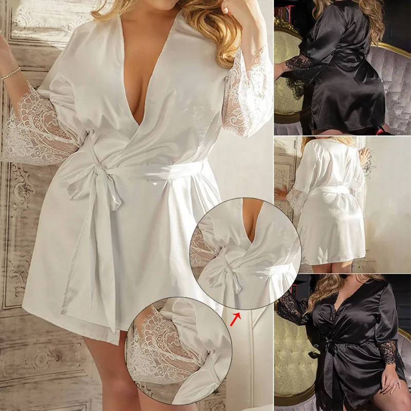 Sexy кружева Сращивание белье Для женщин ночь атласное платье пижамы Узелок