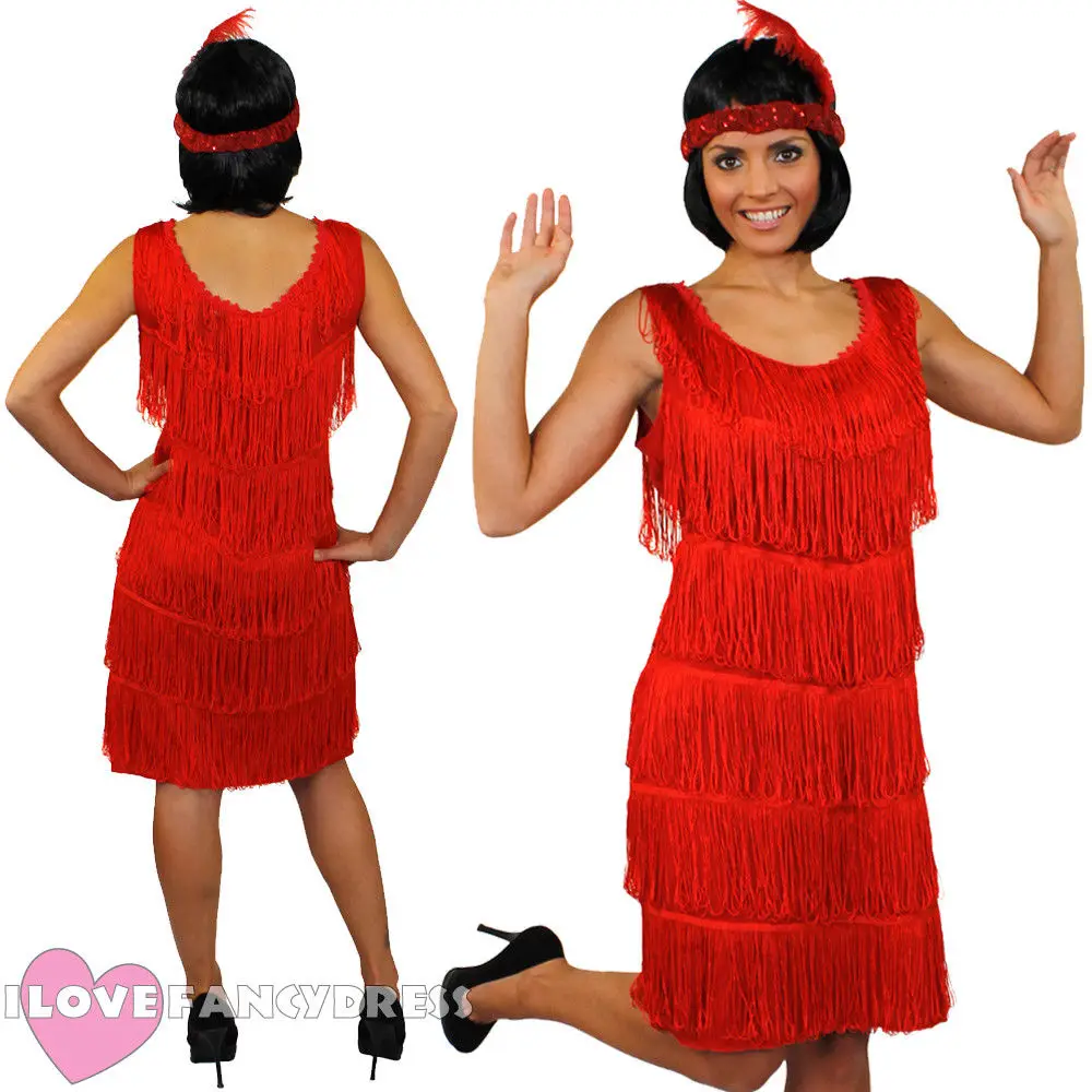 WOMENS BLACK FRINGE FLAPPER DRESS AND HEADBAND 1920S 1930S FANCY DRESS COSTUME
