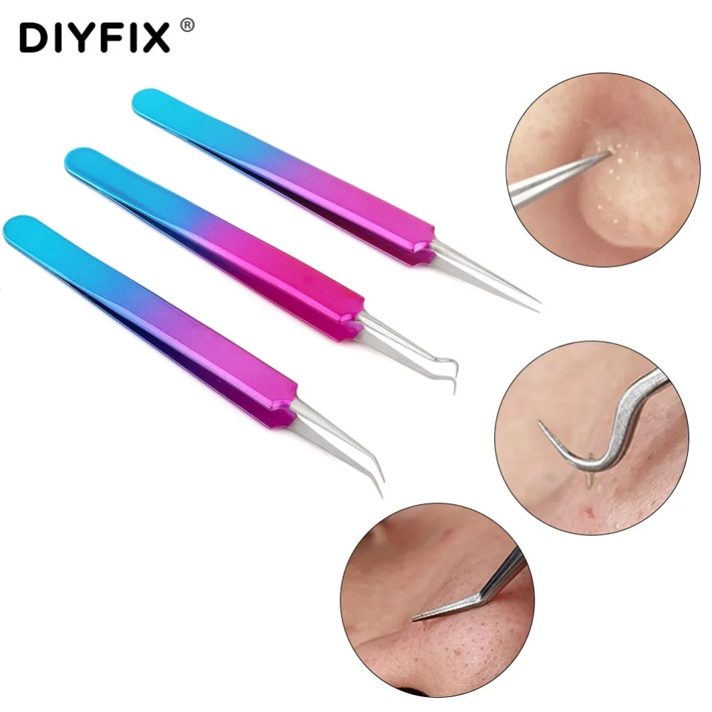 DIYFIX Acne Needle Tweezers Stainless Steel Blackhead Acne Remover Face Care Tool Extention False Eye Lash Eyelashes Hand Tools