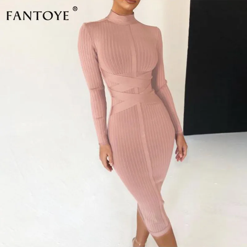 

Fantoye 2019 Spring Bodycon Bandage Dress Women Turleneck Solid Wrap Slim Long Dress Fashion Casual Streetwear Party Vestidos