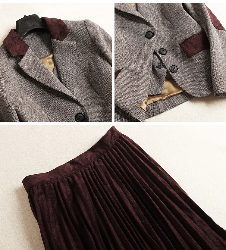 Женский пиджак высокого качества с цветными блоками, винтажный однобортный замшевый костюм, плиссированная длинная юбка, комплект из 3 предметов, новинка зима