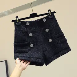 На весну и зиму шорты 2019 Новый высокой талией двухрядные дрель-кнопка широкий-свободные брюки для сапоги для подростков шорты Femme
