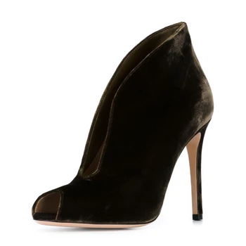 

2020 New Fashion Ankle Boots Flock Leather Casual Peep Toe High Heels Zipper Thin Heels Black Women Shoes Big Size TL-A0165