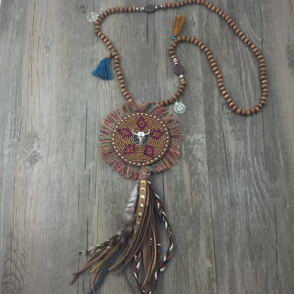 Handmade bohemian wood bead chain round long seed beaded statement