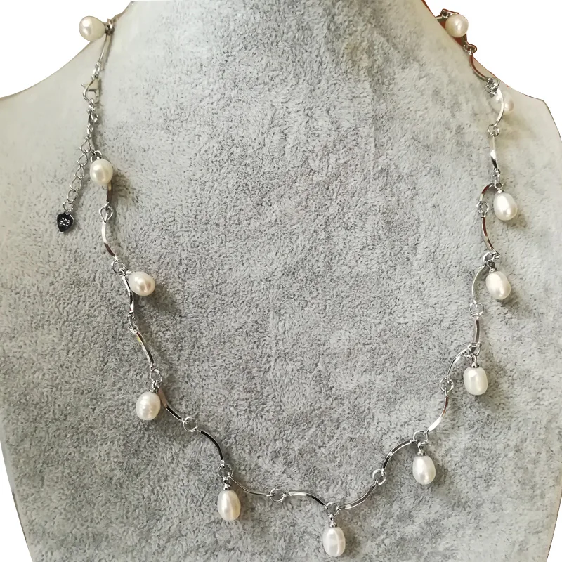 

20 inches Natural White 7-8mm Rice Pearl 925 Sterling Silver Chain Necklace