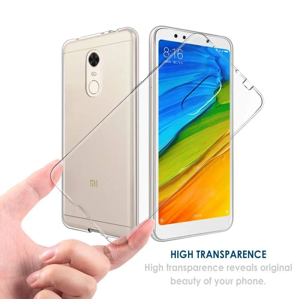 Capa de Silicone Transparente 360 à Prova de Choque Capa para Xiaomi Redmi Plus Proteção Traseira Macia Tpu Bolsas Transparentes Redmi5 Plus Redmi5plus Bolsas de telefone 3 Capa de silicone transparente 360 à prova