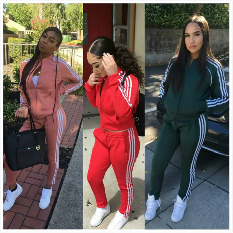 

2019 Casual Tracksuit Women 2 Pieces Set Outtwear Sweatsuit Zipper Striped Tracksuit Long Sleeve Sweatshirt + Pants Women's Sets