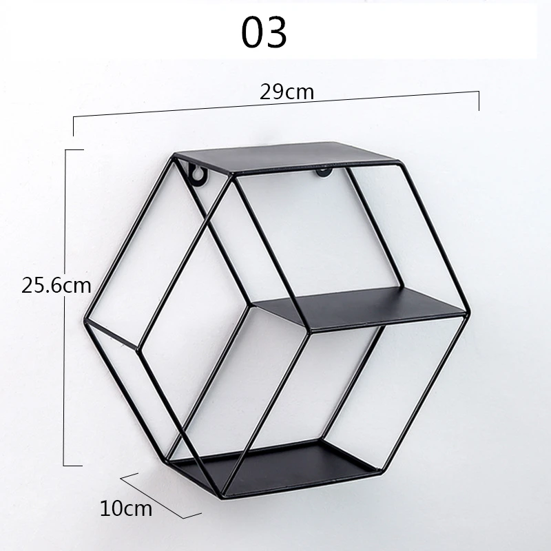 Скандинавский шестигранный стеллаж для хранения кованого железа шестигранный подвесной орнамент двухслойная настенная полка отделочная стойка домашний декор - Цвет: 03