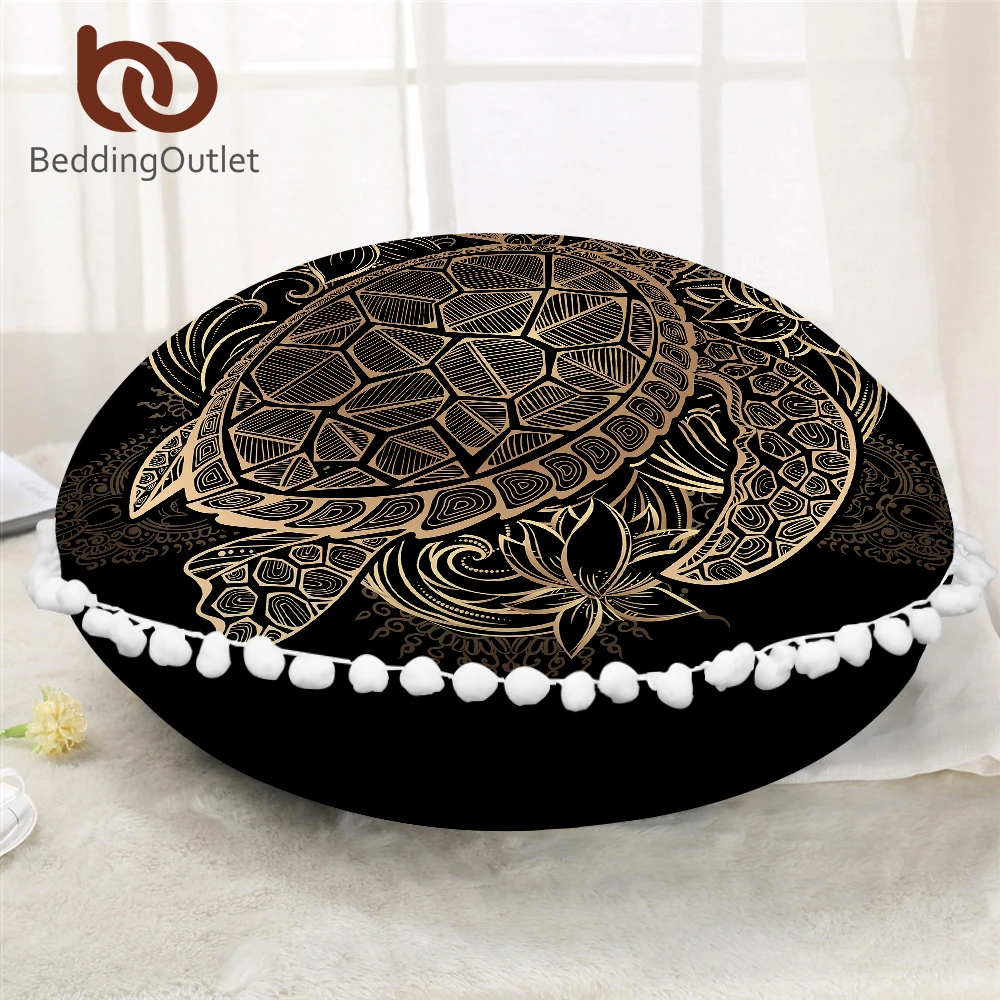 

BeddingOutlet Turtles Round Pillow Cover Animal Golden Tortoise Cushion Cover on Floor Flowers Lotus Microfiber Pillow Case
