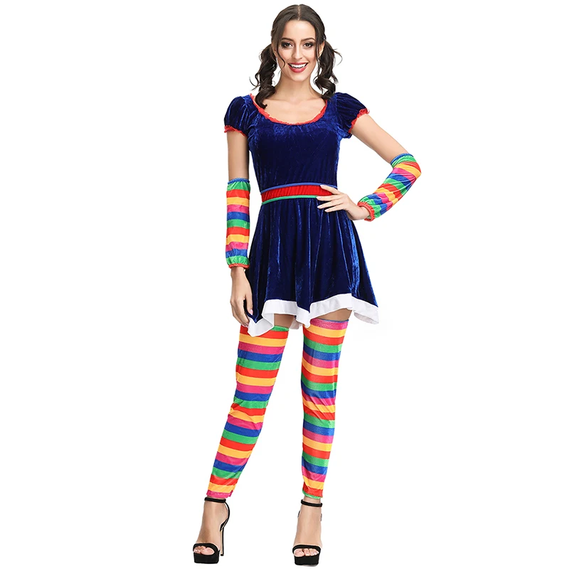 Women Cute Rainbow Stripe Circus Clown Costume Cosplay Adult Ladies Carniva...