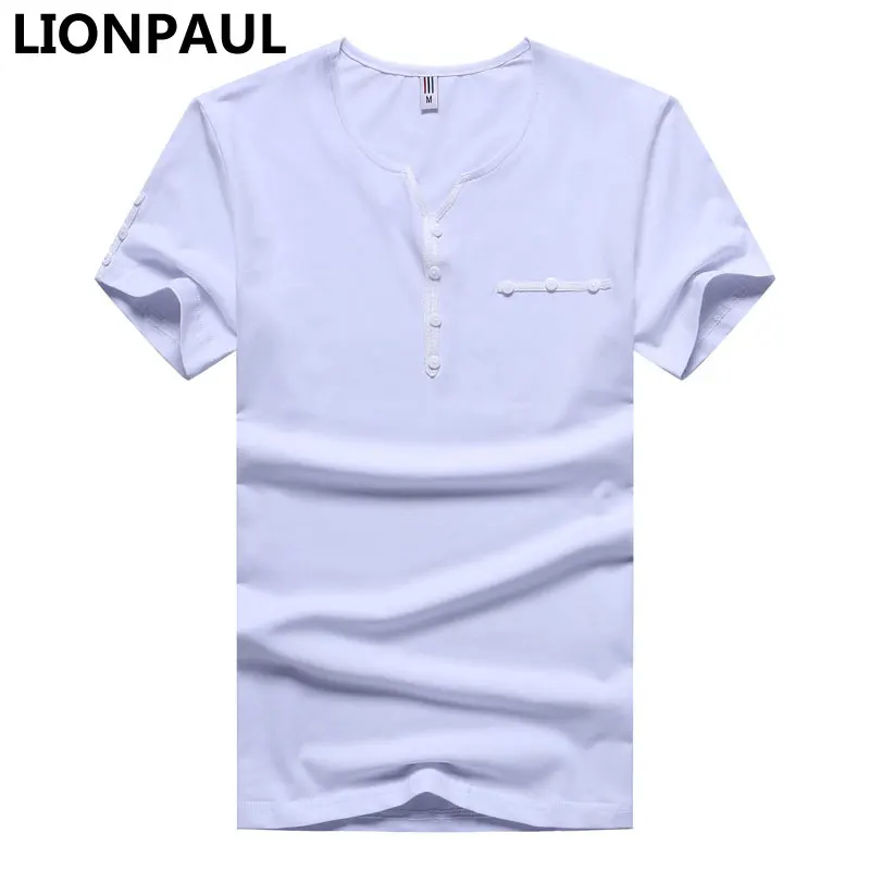 

LIONPAUL Mans T-Shirt Summer Fashion Solid Color Men Tshirt Double Button Fun Mens Compression Short Sleeve Cloths