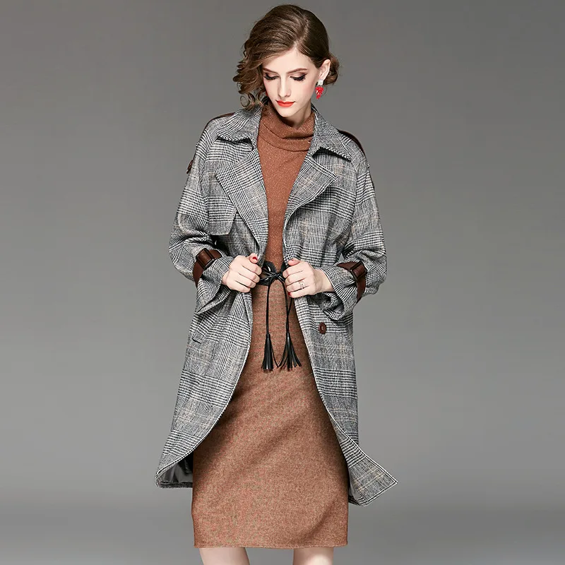 Automne Tranchée D'hiver Plaid Manteau Survêtement Gris De Boutonnage Mode Laine Vintage Mélangée 2018 Femmes Double Long FYxqdFa