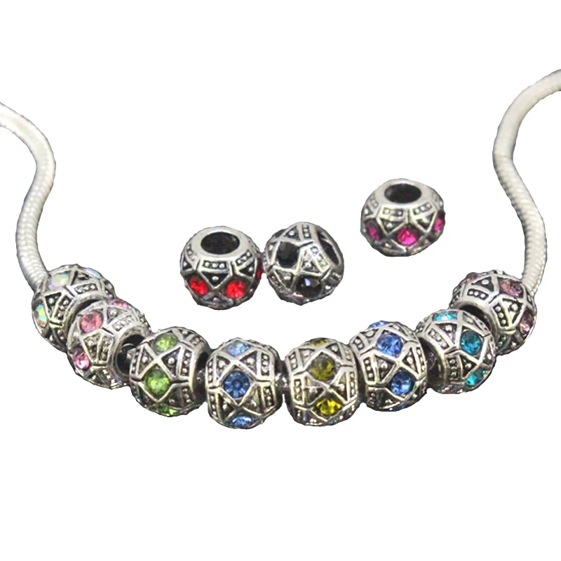 

Tibetan Silver Metal Cylinder Beads Motley CZ Rhinestone Crystal European Big Hole Charm Spacer Fit DIY Jewelry Bracelet 10pcs